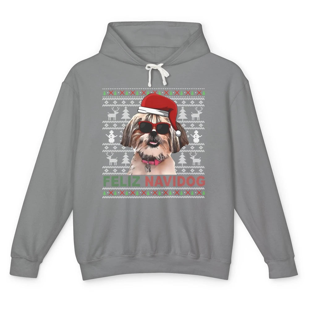 Funny Santa Shih Tzu Dog Feliz Navidog Christmas Tree Ugly Unisex Lightweight Hoodie