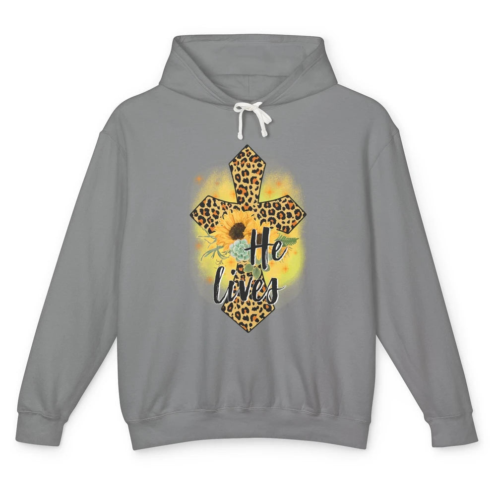 He Lives Sunflowers Faith Cross Christian Bible Religious Unisex Lightweight Hoodie