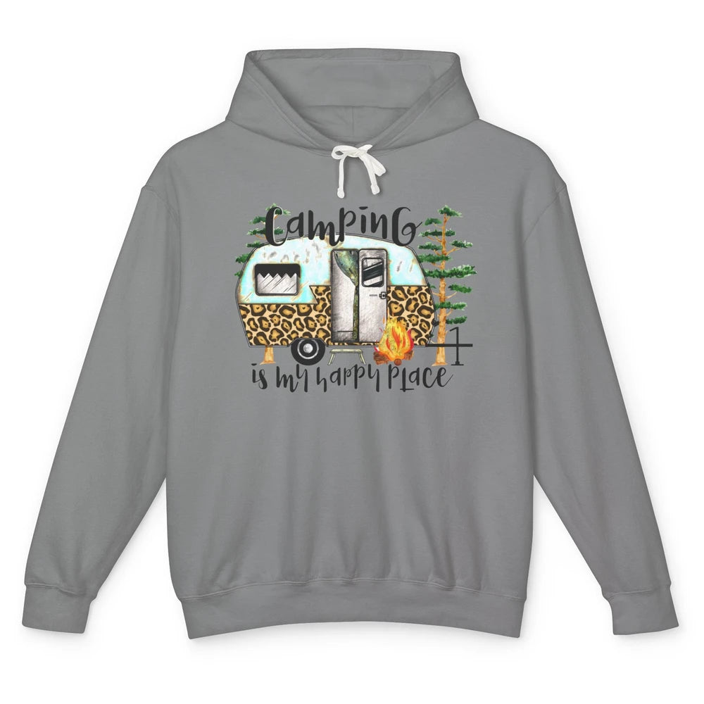 Campers Camping Is My Happy Place Leopard Camping Lover Gift Unisex Lightweight Hoodie