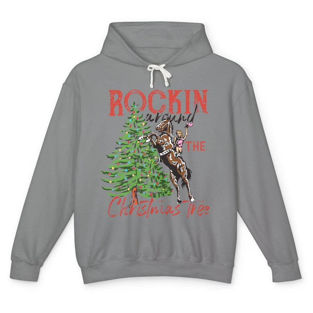 Funny Cowgirl Horsing Rocking Around Christmas Tree Western Unisex Lightweight Hoodie