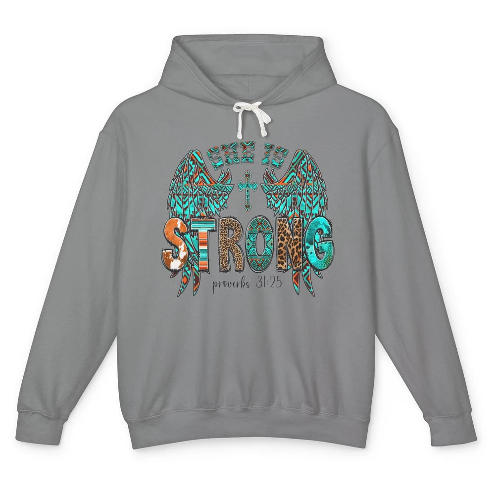 Leopard Turquoise Jesus Cross She Is Strong Bible Christian Unisex Lightweight Hoodie