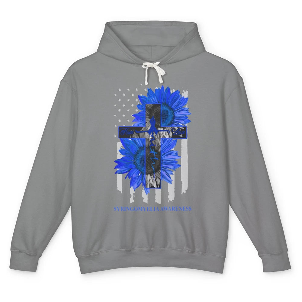 Syringomyelia Awareness Faith Hope Love Blue Ribbon US Flag Unisex Lightweight Hoodie