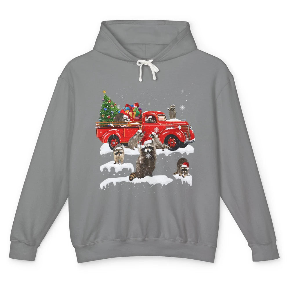 Funny Red Truck Raccoon Xmas Tree Lights Merry Christmas Unisex Lightweight Hoodie