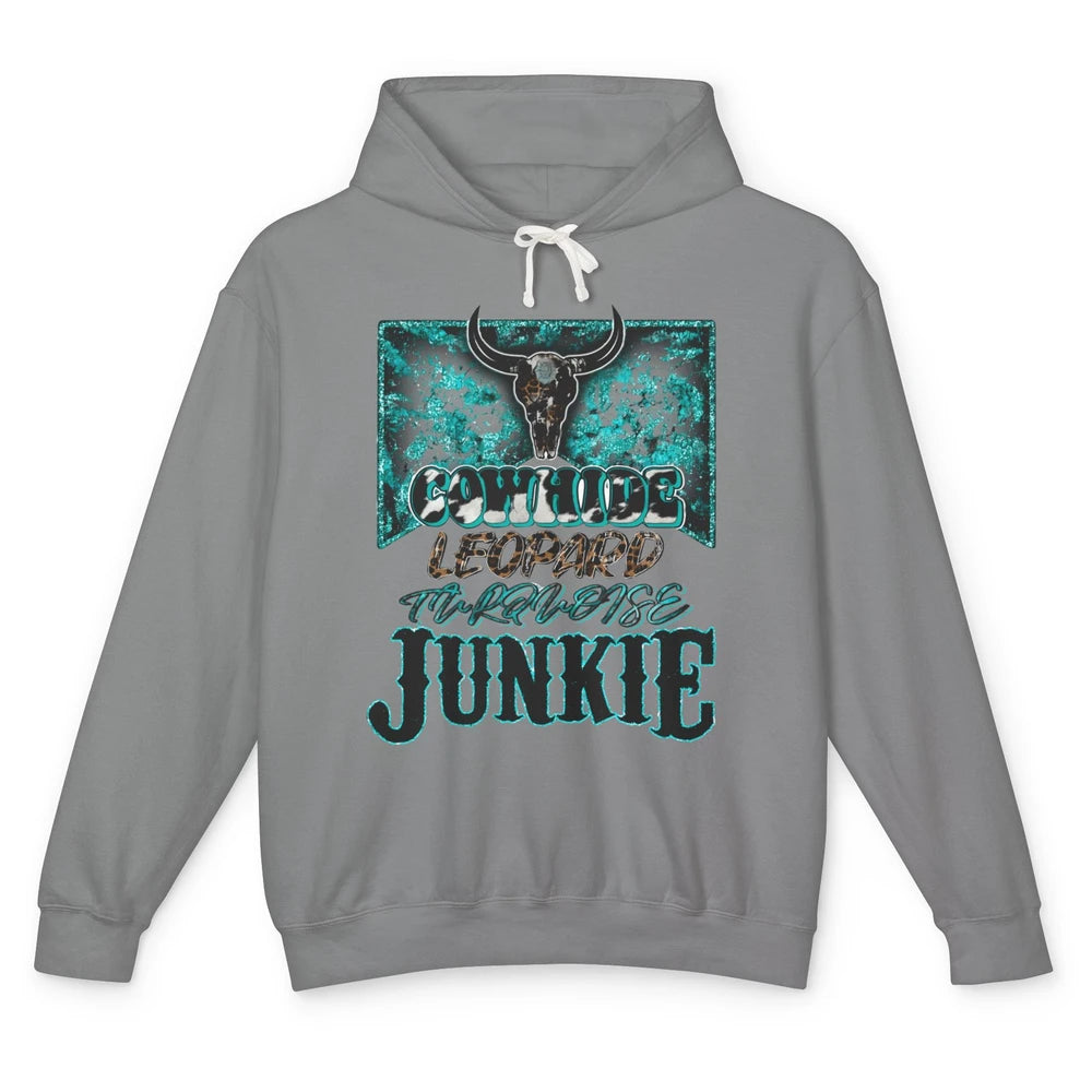 Bull Skull Cowhide Leopard Turquoise Junkie Western Country Unisex Lightweight Hoodie