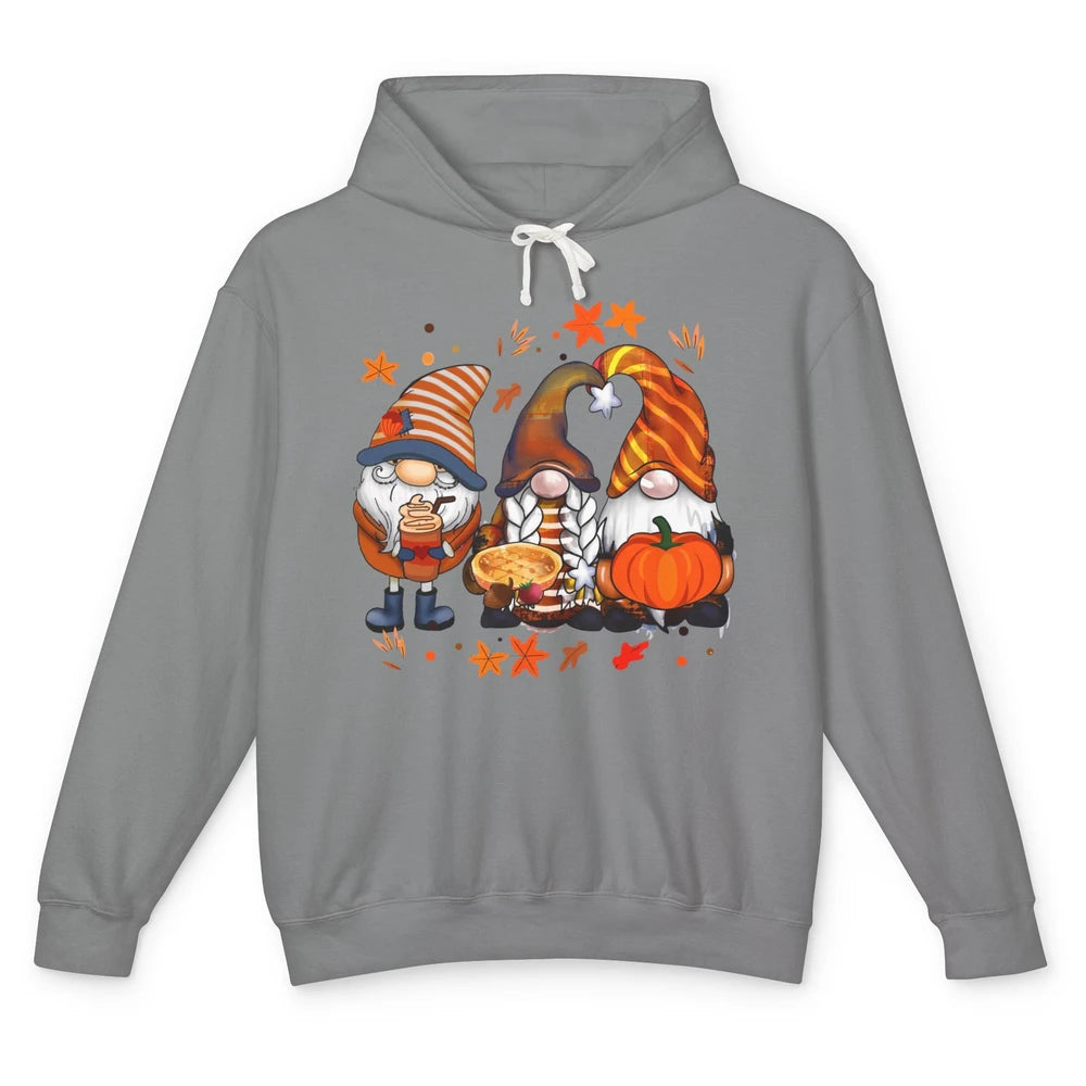 Retro Fall Gnomies Pumpkin Falling Leaves Thanksgiving Gnome Unisex Lightweight Hoodie