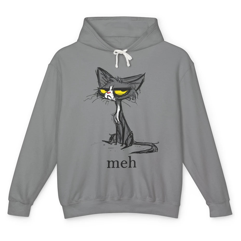 Funny Meh Grumpy Black Cat Sarcastic Kitten Angry Cat Mom Unisex Lightweight Hoodie