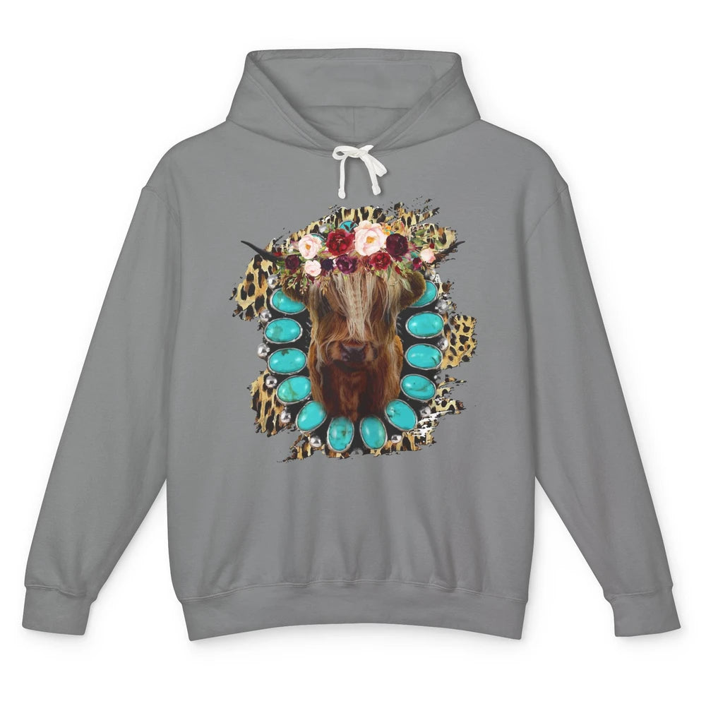 Floral Highland Cow Turquoise Western Country Cowboy Leopard Unisex Lightweight Hoodie