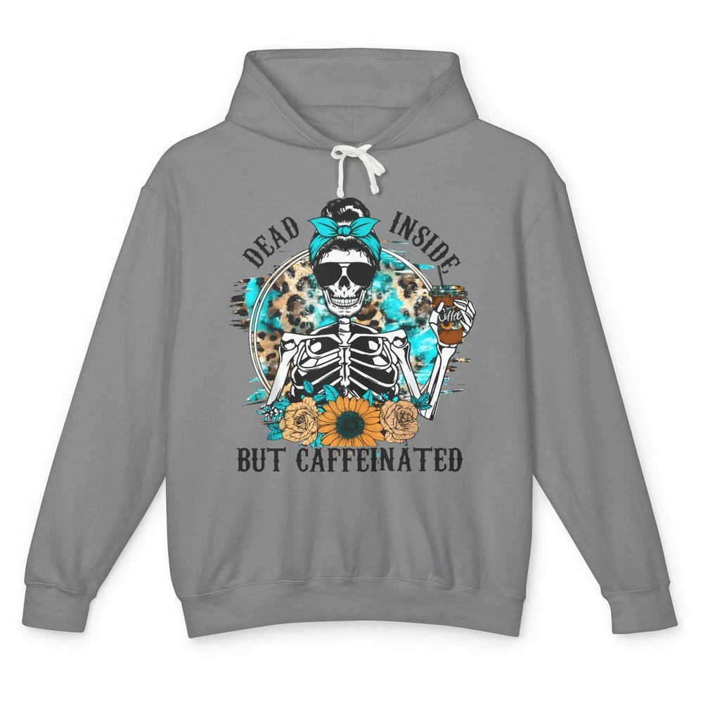 Funny Messy Bun Skull Dead Inside But Caffeinated Halloween Unisex Lightweight Hoodie