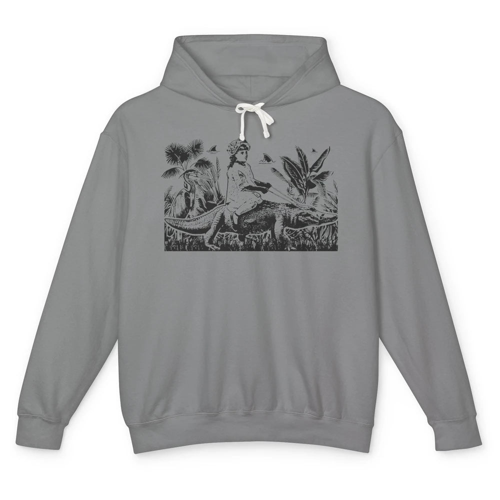 Retro Florida Tropical Land Girl Riding Alligator Summer Unisex Lightweight Hoodie