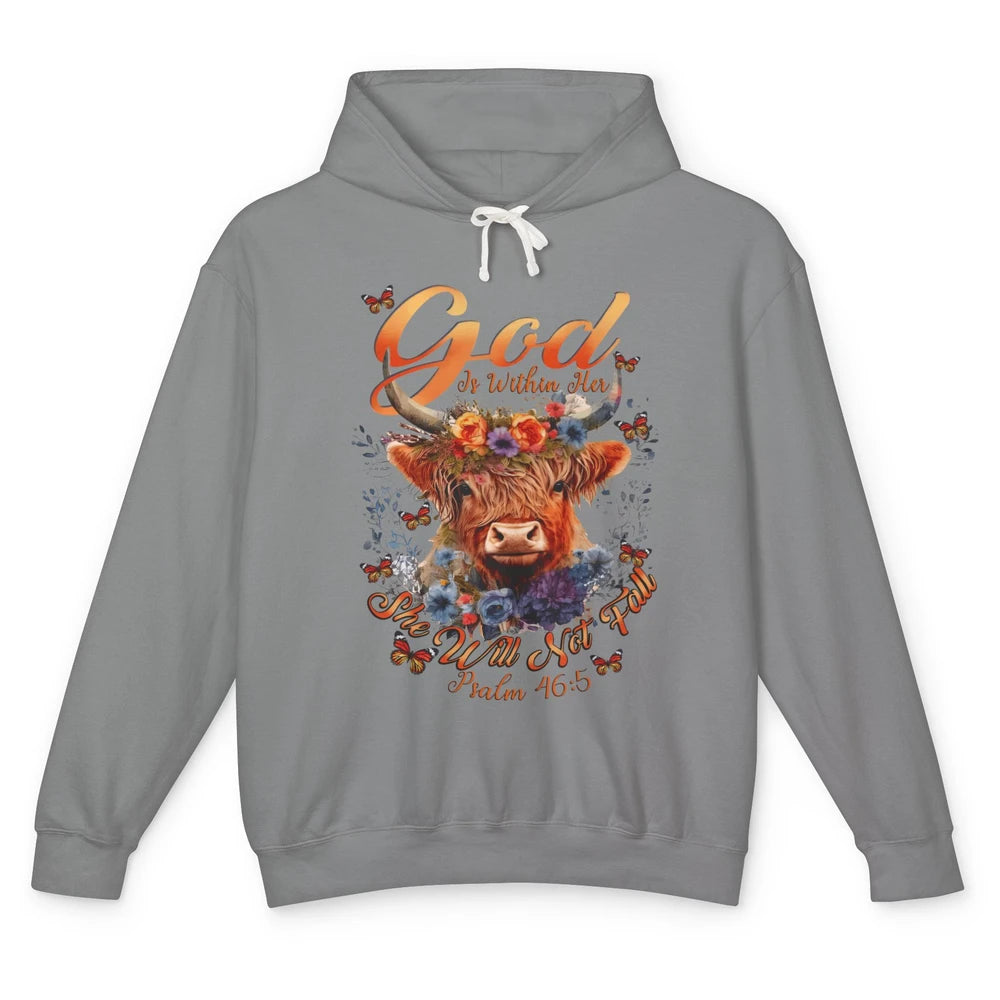 Christian Highland Cow God Is Within Her Bible Religious Unisex Lightweight Hoodie