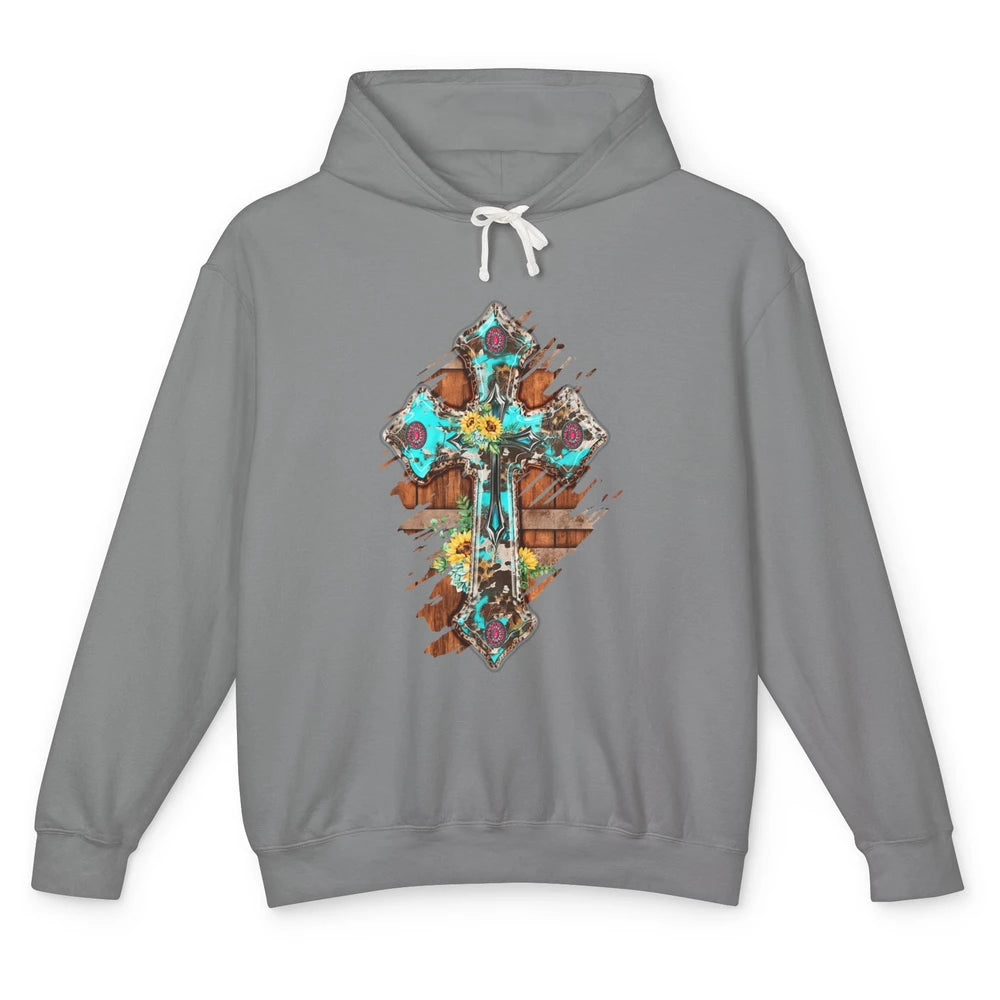 Western Country Boho Christian Turquoise Leopard Faith Cross Unisex Lightweight Hoodie