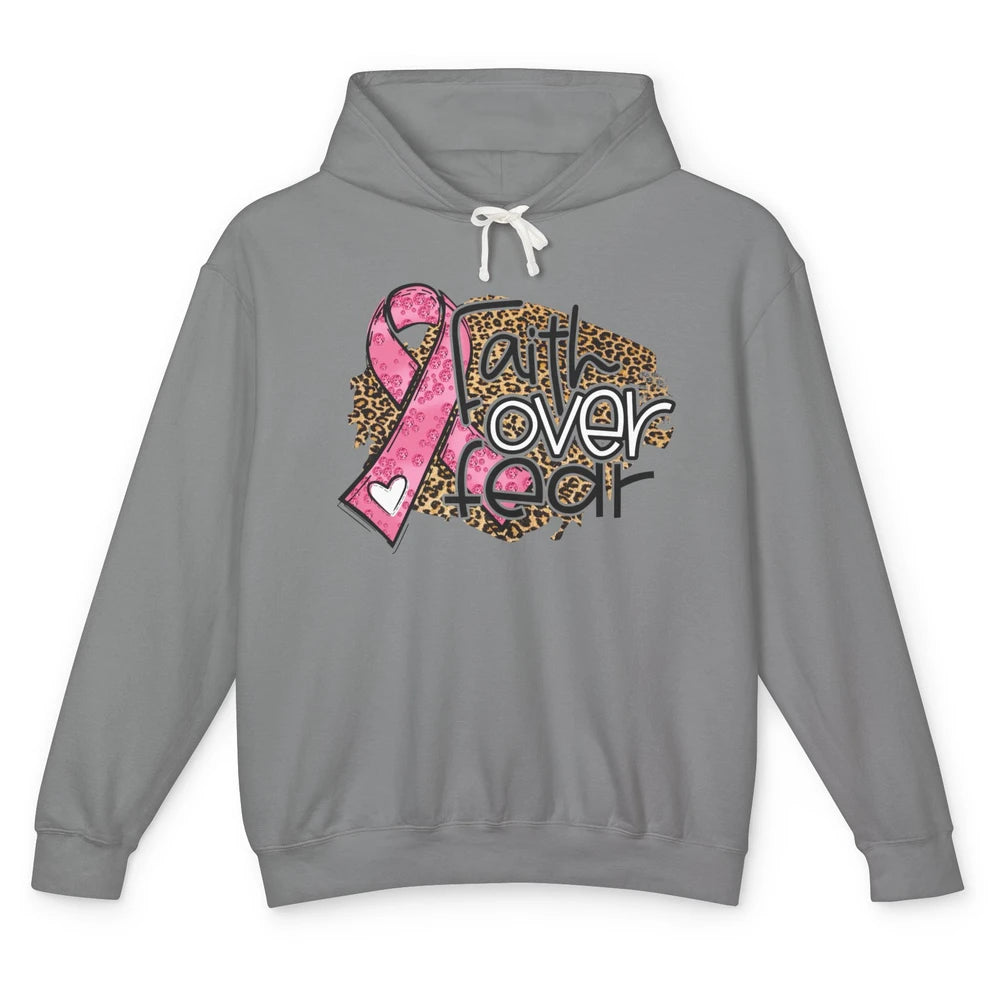 Pink Ribbon Breast Cancer Awareness Faith Over Fear Leopard Unisex Lightweight Hoodie