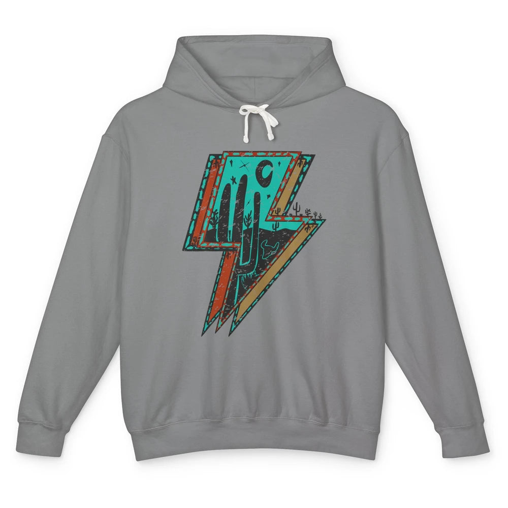 Retro Desert Cactus Night Turquoise Lightning Bolt Western Unisex Lightweight Hoodie