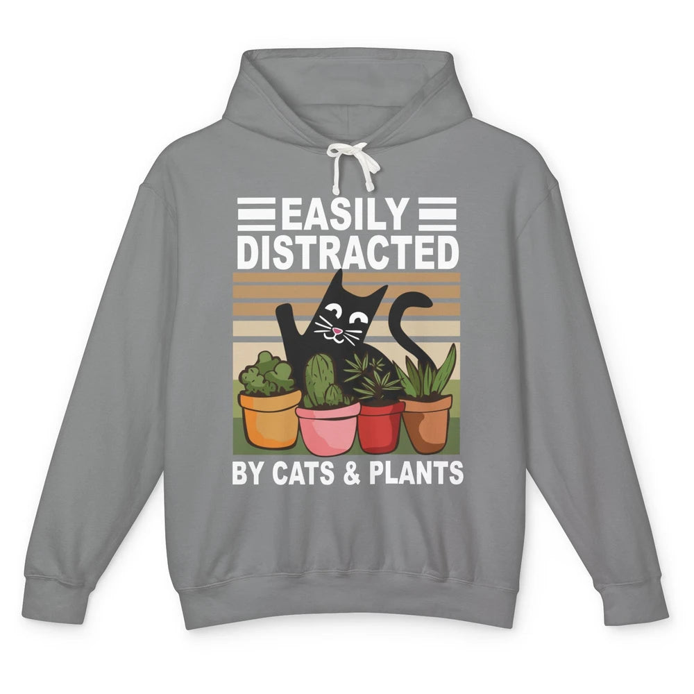 Easily Distracted By Cats And Plants Vintage Gardening Gift Unisex Lightweight Hoodie