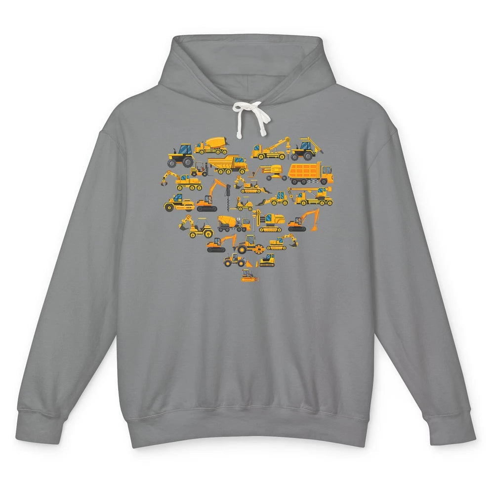 Types Of Construction Excavator Bulldozer Truck Heart Love Unisex Lightweight Hoodie