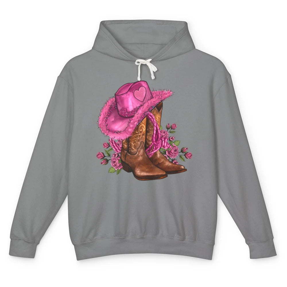 Valentines Day Hat Boots Cowgirl Pink Rose Flowers Retro Unisex Lightweight Hoodie