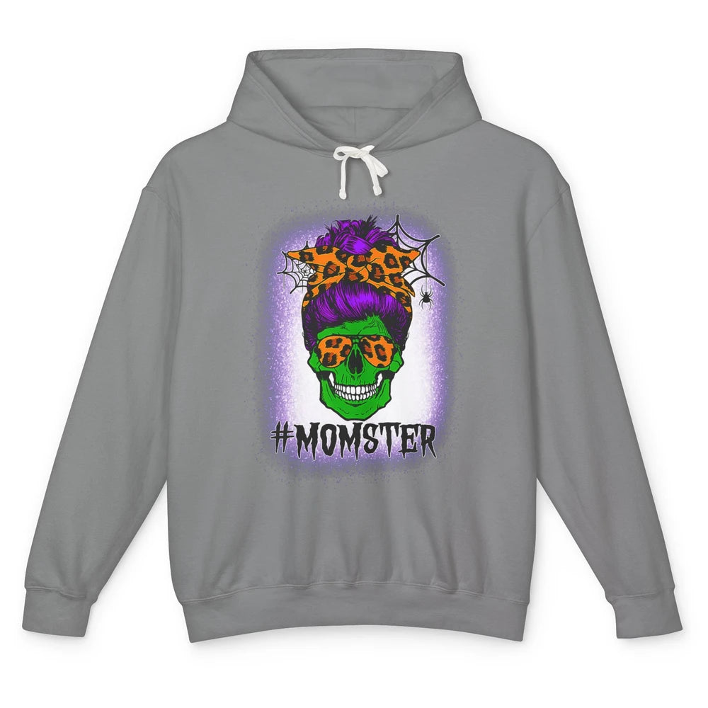 Retro Momster Messy Bun Skull Mom Halloween Spooky Mama Goth Unisex Lightweight Hoodie