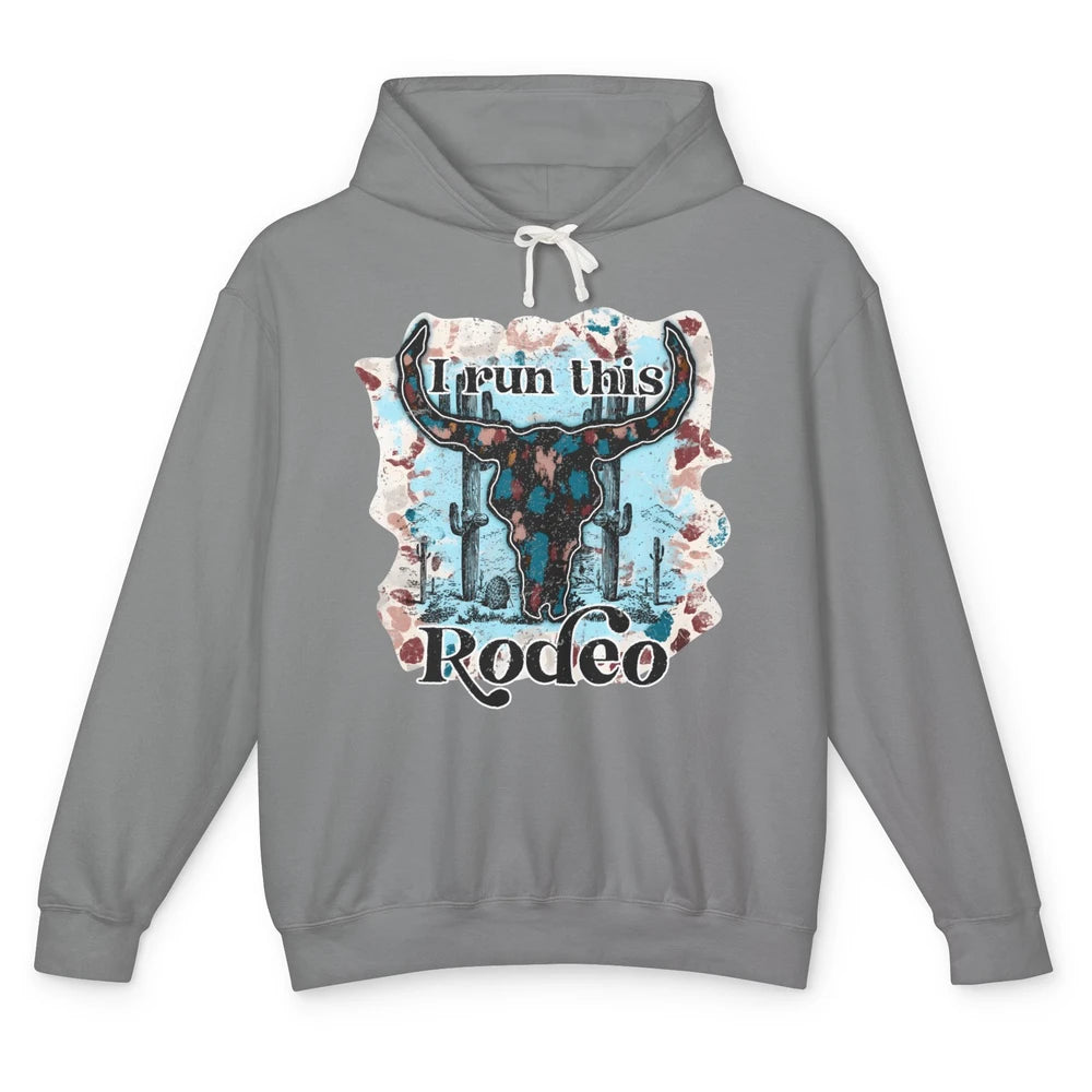 Leopard Bull Skull I Run This Rodeo Desert Cactus Western Unisex Lightweight Hoodie