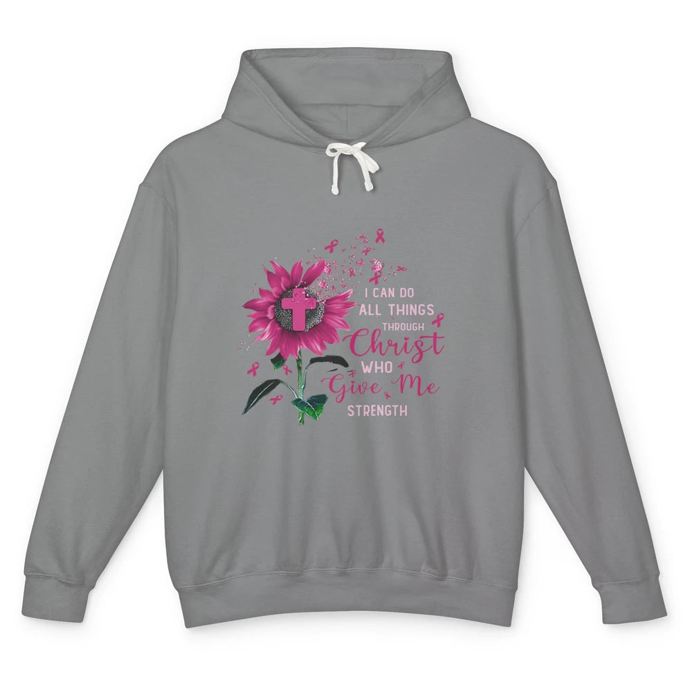 Breast Cancer Month Sunflower God Strength Cross Pink Ribbon Unisex Lightweight Hoodie