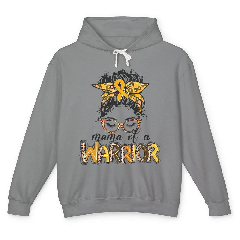 Mama Warrior Childhood Cancer Messy Hair Leopard Gold Ribbon Unisex Lightweight Hoodie