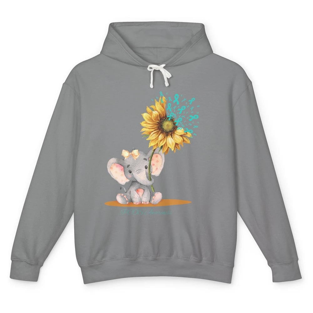 Sunflower Baby Elephant PCOS Awareness Teal Ribbon Elephant Unisex Lightweight Hoodie