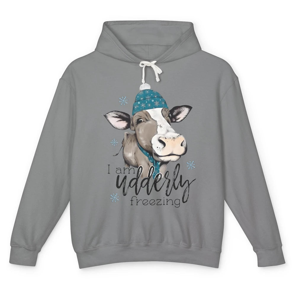 Funny Cow I'm Udderly Freezing Farmer Merry Christmas Winter Unisex Lightweight Hoodie