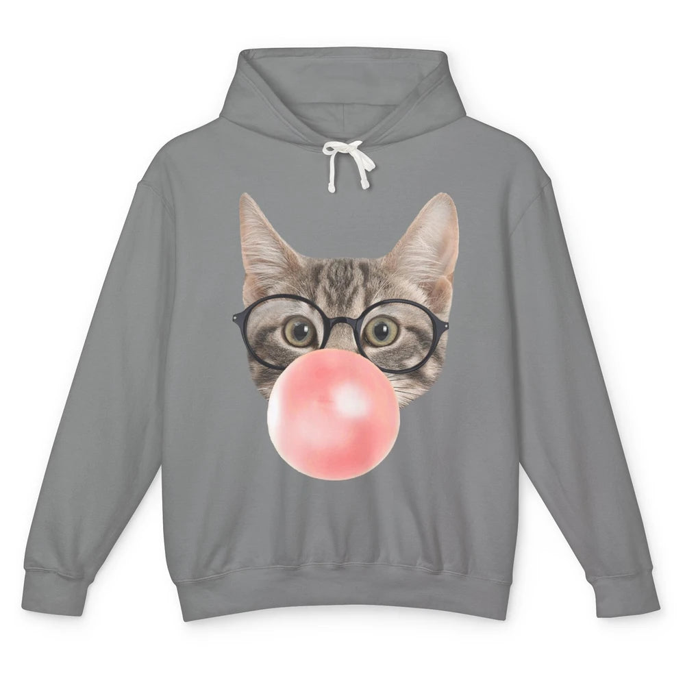 Funny Cat Blow Giant Bubble Gum Pink Glasses Sarcastic Pun Unisex Lightweight Hoodie