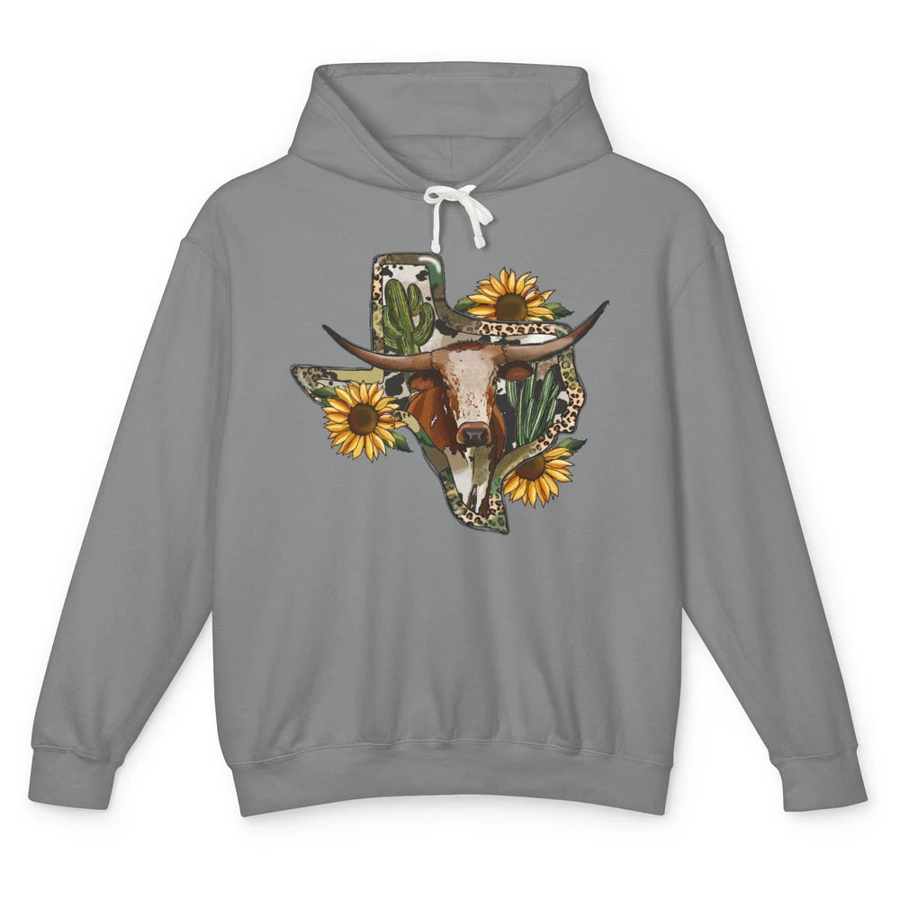 Texas Map Leopard Sunflower Western Texas Cow Longhorn Unisex Lightweight Hoodie