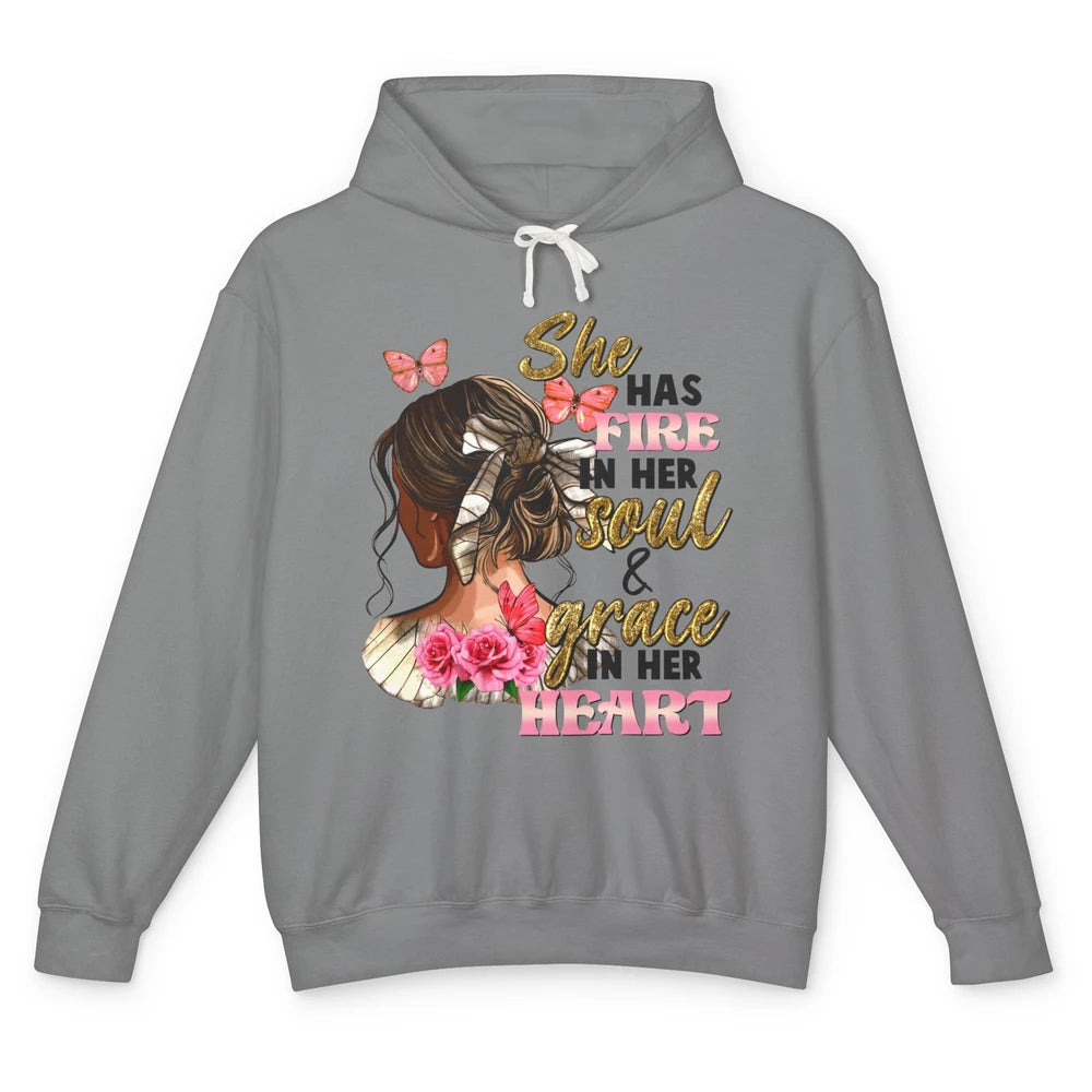 Messy Bun She Has Fire In Her Soul Grace In Heart Christian Unisex Lightweight Hoodie