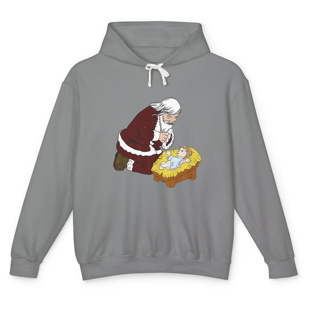 Merry Christmas Kneeling Santa Claus With Baby Jesus Xmas Unisex Lightweight Hoodie