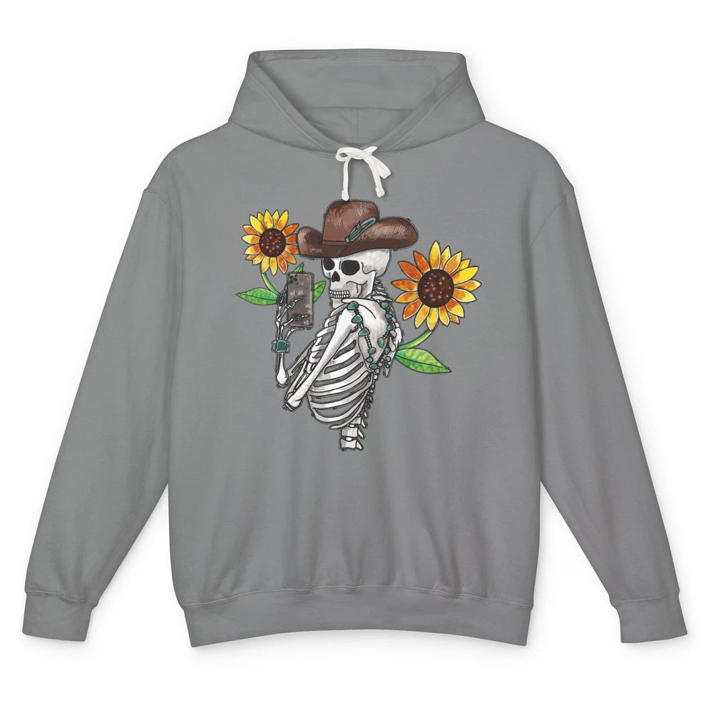 Western Cowboy Hat Skeleton Sunflower Funny Skeleton Selfie Unisex Lightweight Hoodie