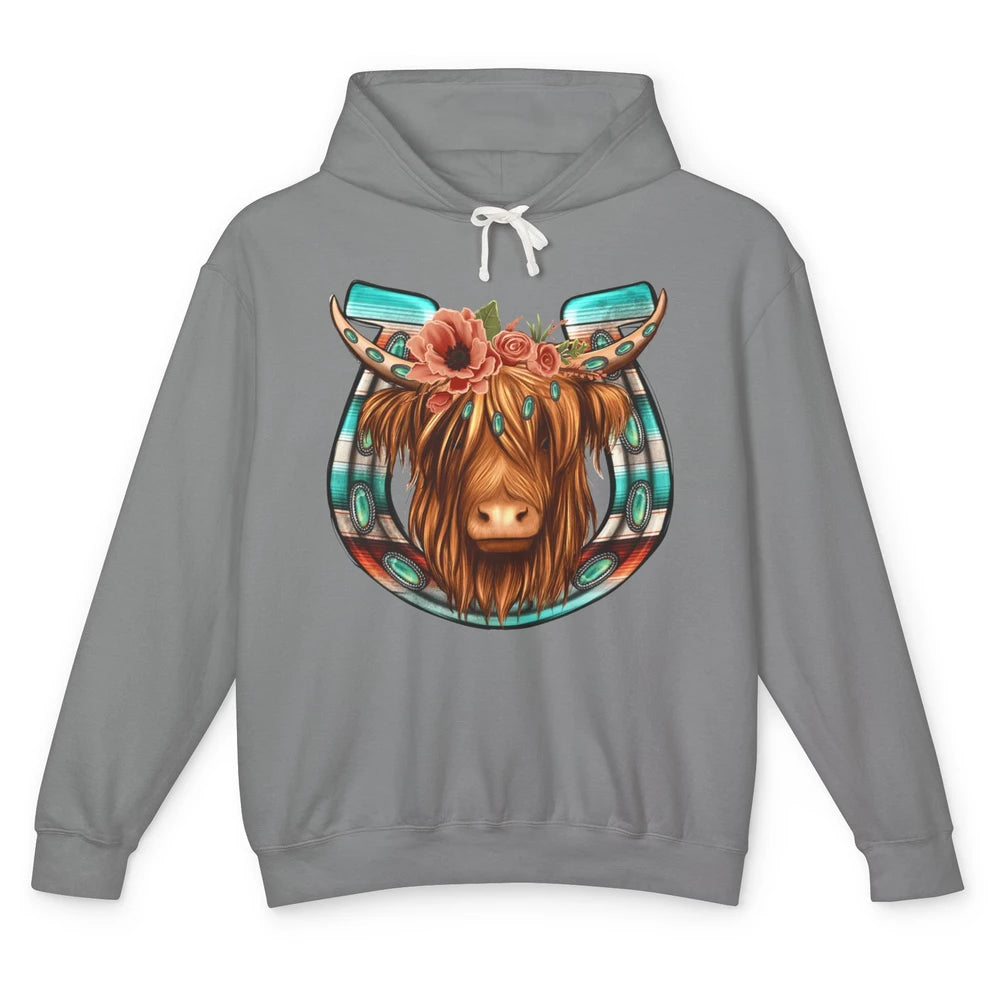 Floral Highland Cow Heifer Horseshoe Western Country Cowboy Unisex Lightweight Hoodie