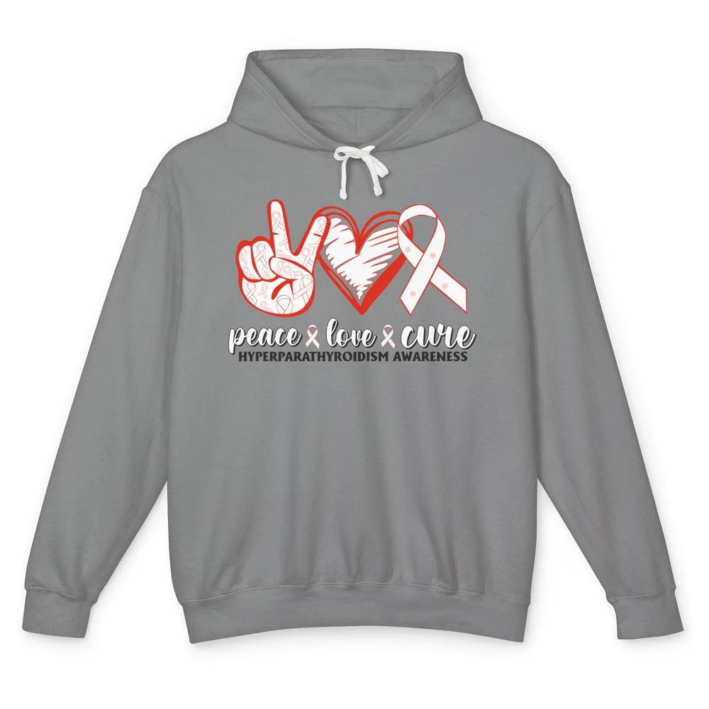 Hyperparathyroidism Awareness Red Ribbon Peace Love Cure Unisex Lightweight Hoodie