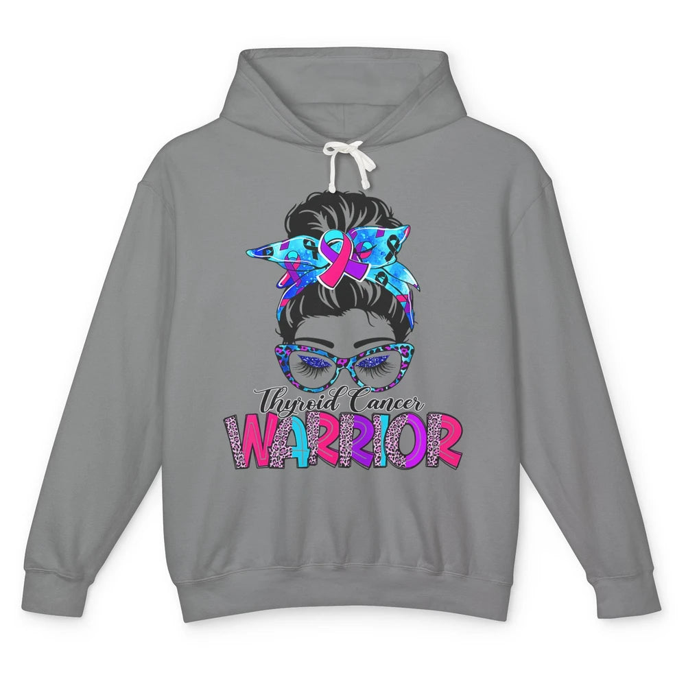 Messy Hair Bun Leopard Warrior Mom Thyroid Cancer Awareness Unisex Lightweight Hoodie