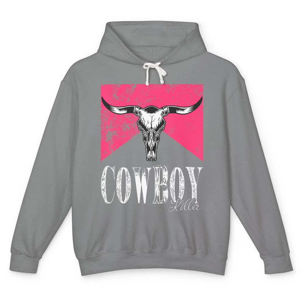 Western Cowboy Bull Skull Pink Southern Country Killer Retro Unisex Lightweight Hoodie