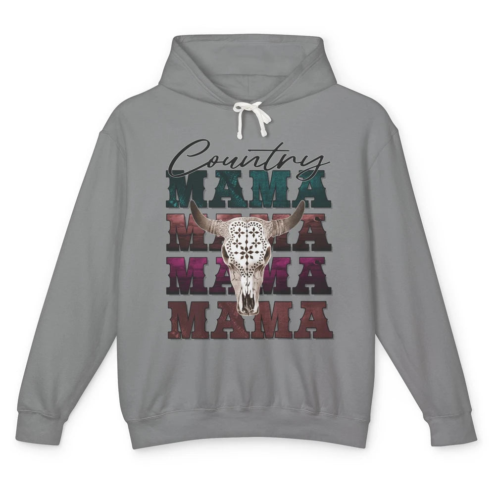 Country Mama Rodeo Bull Skull Western Texas Long Horn Cowboy Unisex Lightweight Hoodie