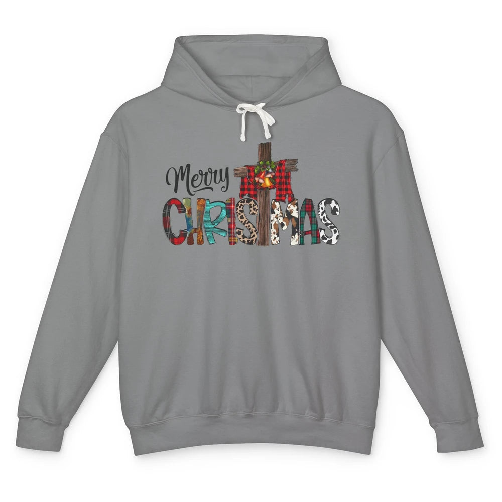 Leopard Jesus Cross Merry Christmas Christian Western Xmas Unisex Lightweight Hoodie