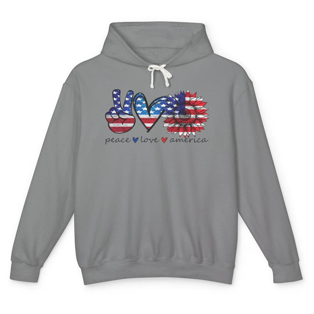 Peace Love America Flag Sunflower 4th of July Memorial Day Unisex Lightweight Hoodie