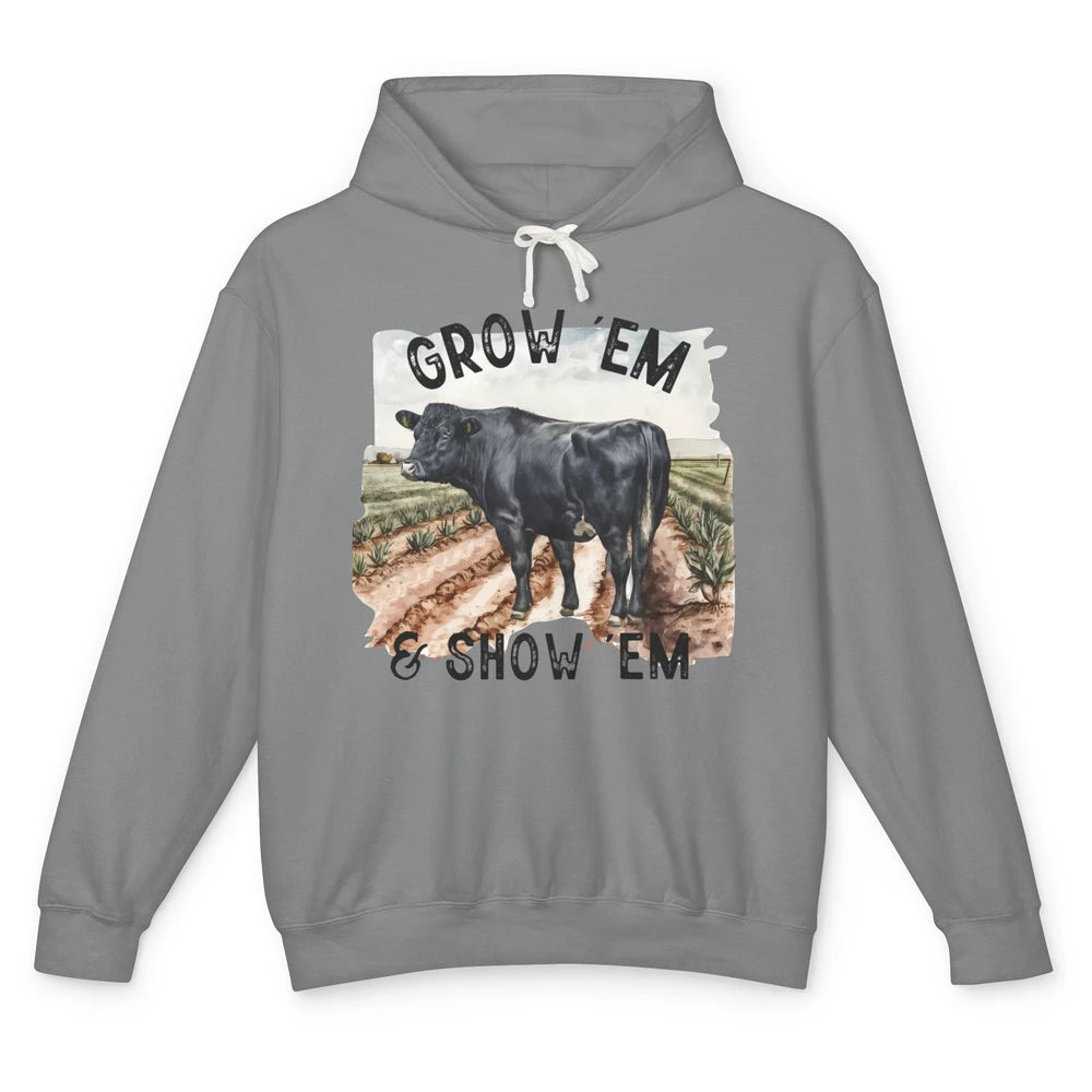 Black Cow On The Farm Grow Em Show Em Western Farm Life Unisex Lightweight Hoodie