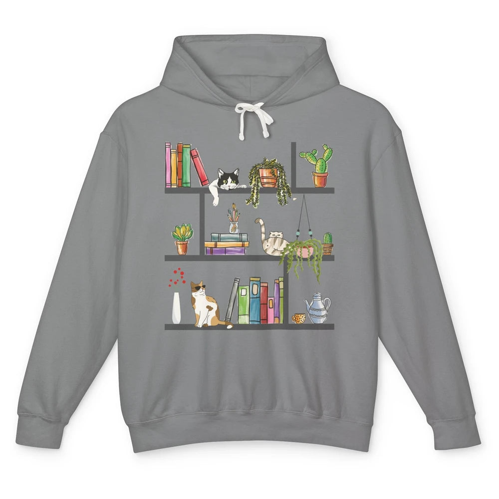 Funny Cats Lying On Floral Bookshelf Book Kitten Minimalist Unisex Lightweight Hoodie