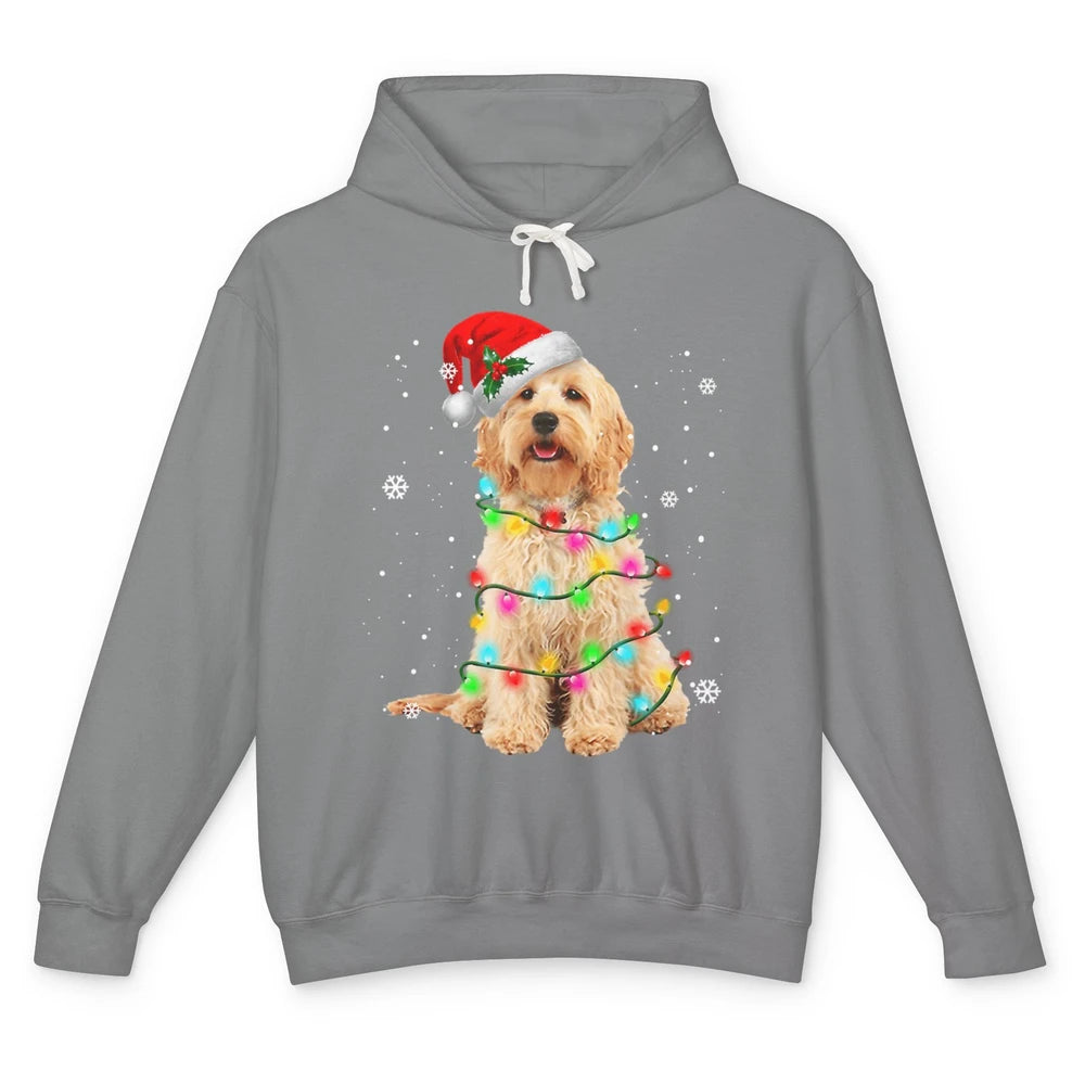 Merry Christmas Golden Doodle Dog Santa Hat Xmas Tree Lights Unisex Lightweight Hoodie