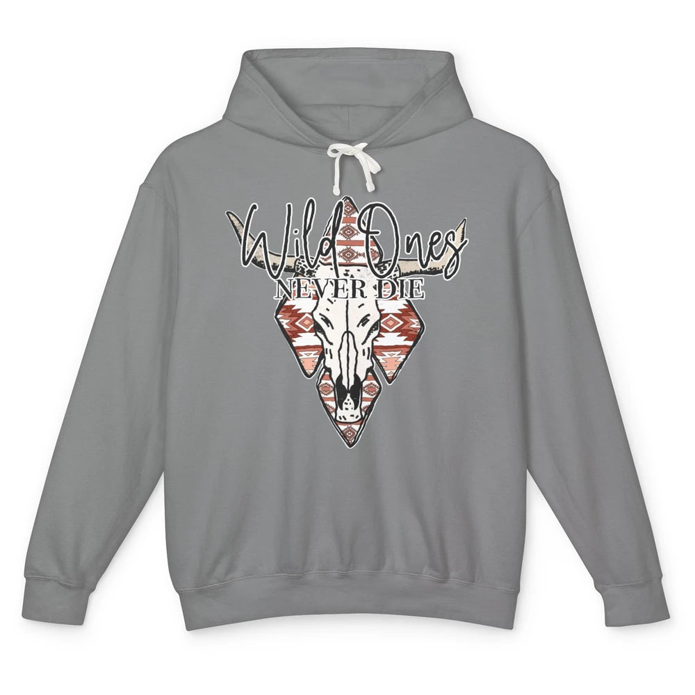 Retro Bull Skull Aztec Wild Ones Never Die Western Country Unisex Lightweight Hoodie