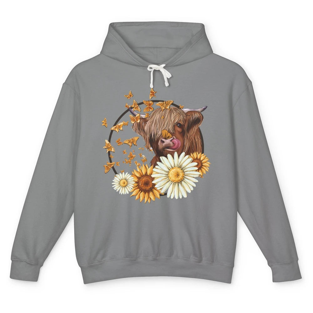 Highland Cow Sunflowers And Daisies Cow Flower Farm Country Unisex Lightweight Hoodie