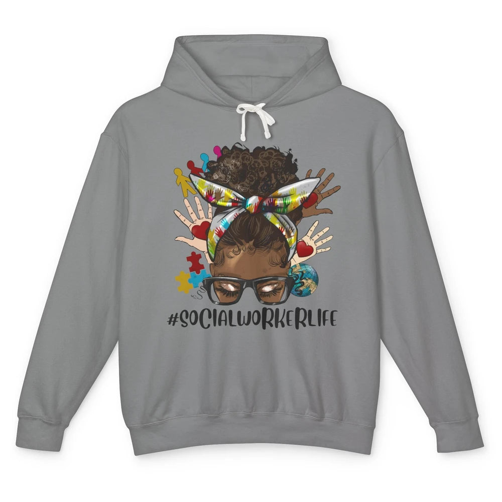 Social Worker Life Messy Bun Black Girl Glasses Be Kind Unisex Lightweight Hoodie