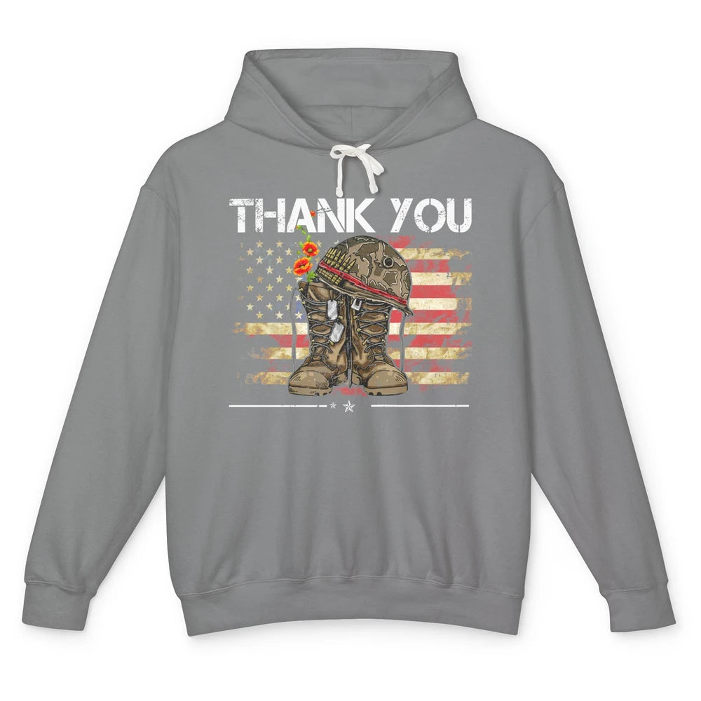 Vintage Veteran US Flag Thank You Military Boot Memorial Day Unisex Lightweight Hoodie