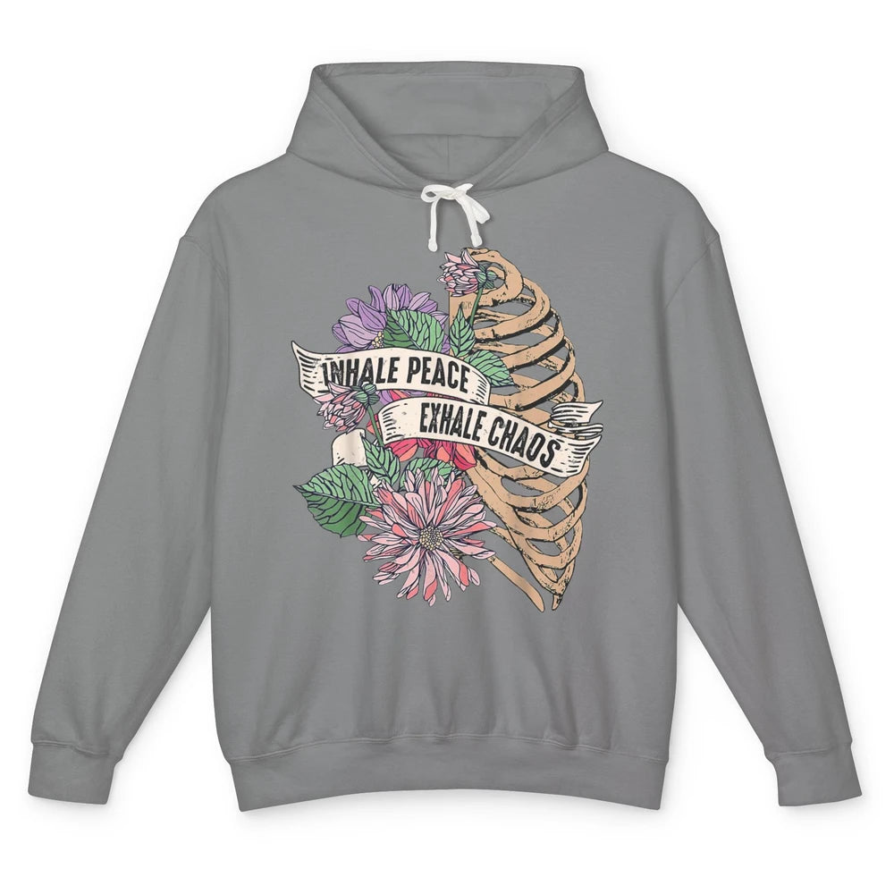 Inhale Peace Exhale Chaos Wildflowers Skeleton Mental Health Unisex Lightweight Hoodie