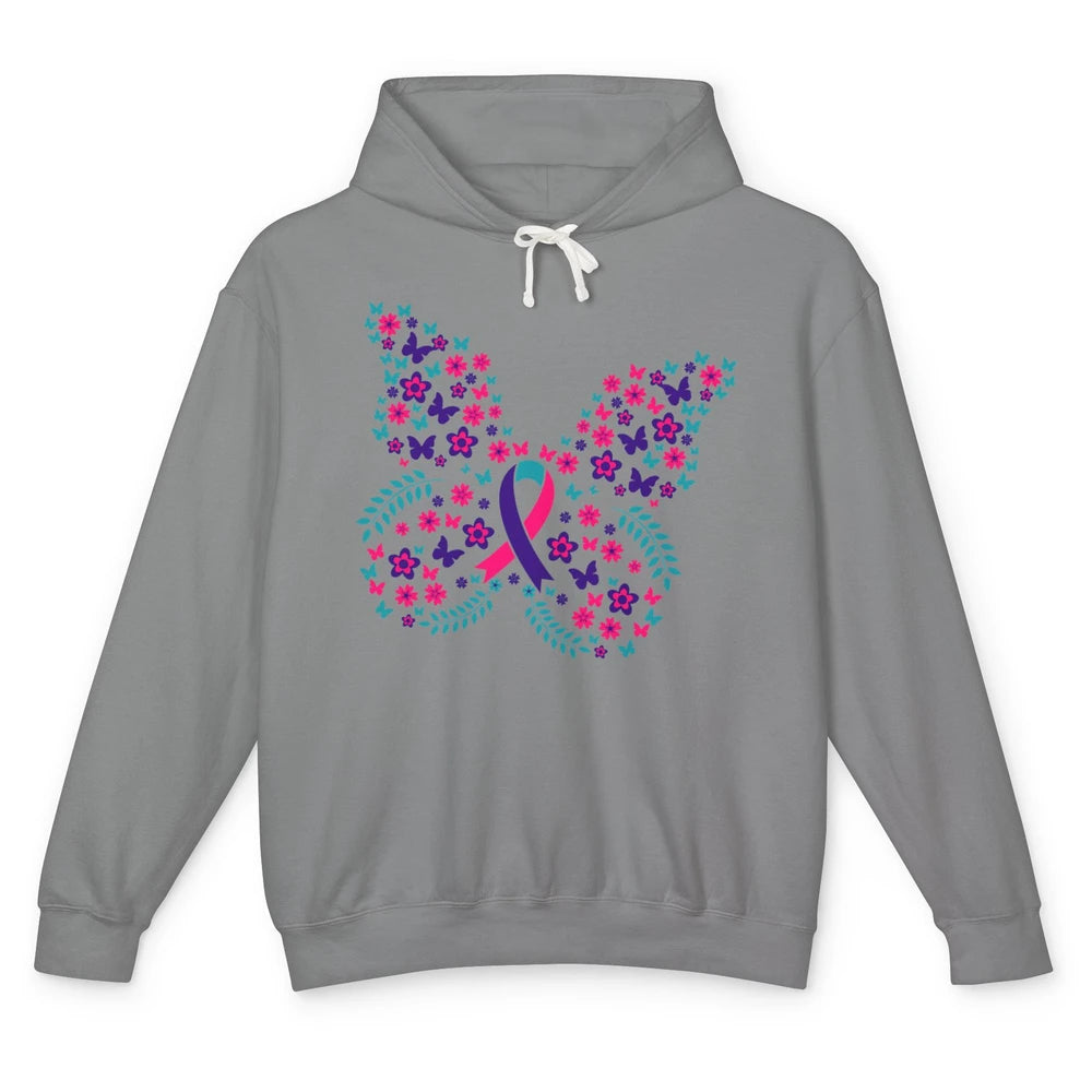 Floral Butterfly Teal Pink Warrior Thyroid Cancer Awareness Unisex Lightweight Hoodie