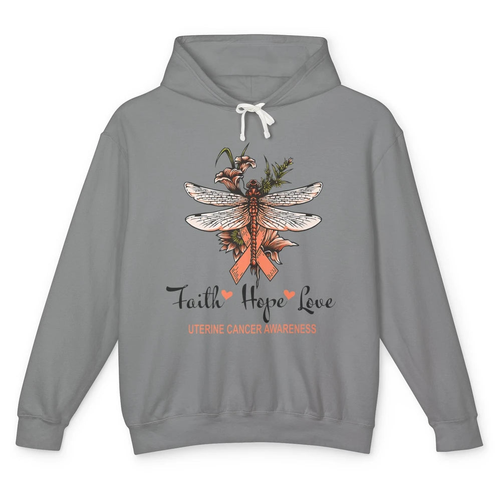 Faith Hope Love Dragonfly Peach Uterine Cancer Awareness Unisex Lightweight Hoodie