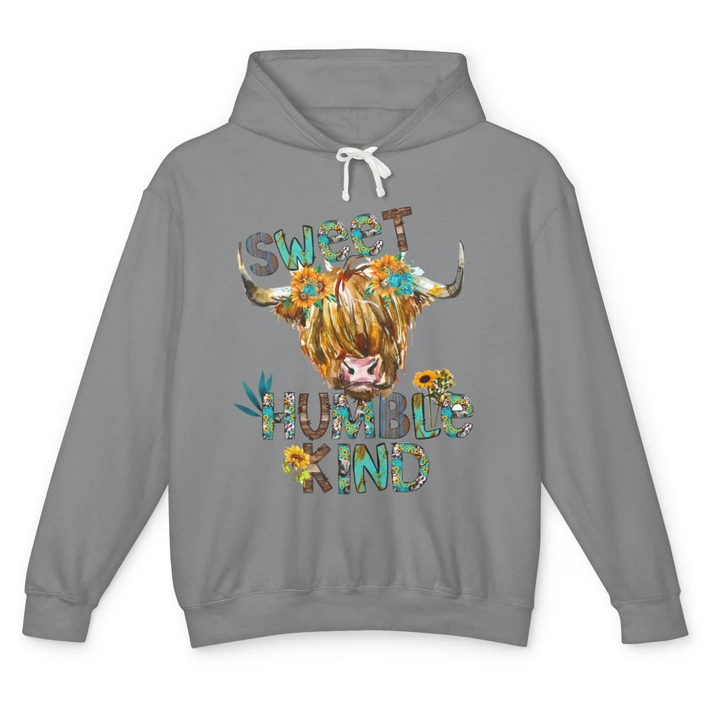 Highland Cow Sunflower Sweet Humble Kind Western Country Unisex Lightweight Hoodie