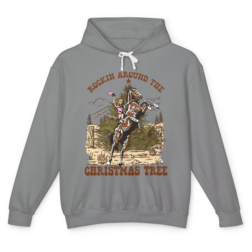 Funny Cowgirl Horsing Rocking Around Christmas Tree Western Unisex Lightweight Hoodie